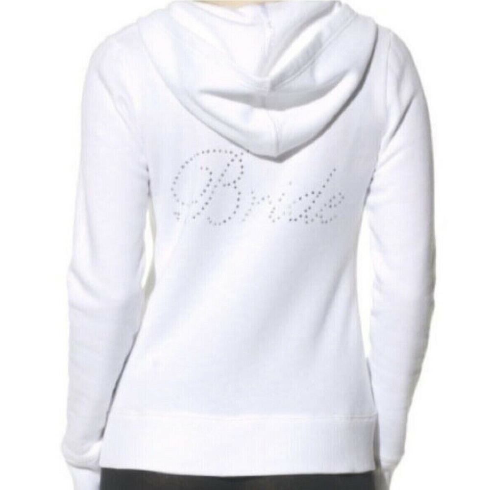 BRIDE Rhinestone Zip Up Bridal Hoodie White XS Wedding Sweatshirt Anniversary